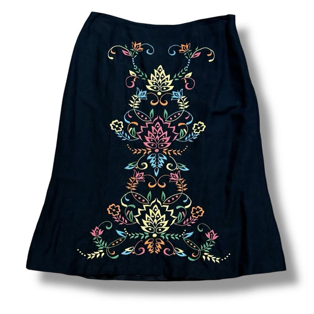 VTG Y2K Boho Embroidered Floral Harolds Skirt Size 8 Black Linen Blend Midi